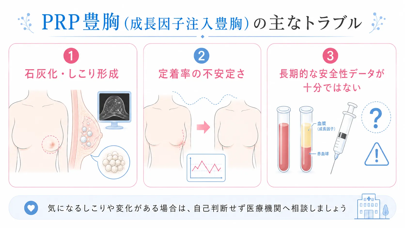 PRP豊胸のトラブル│石灰化、しこり、定着率の不安定さ、安全データの不十分さのイラスト