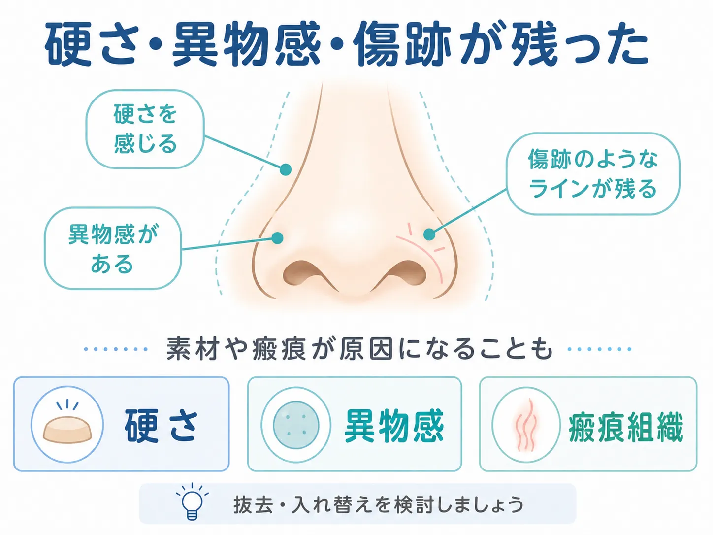 鼻尖形成の修正│状態のイラスト(硬さ・異物感・傷跡が残った)